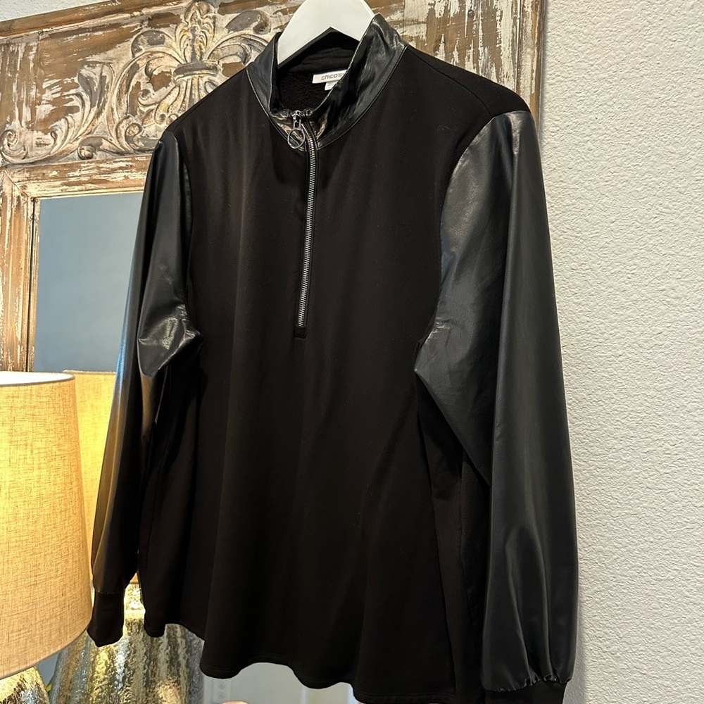 ☀️ CHICO’S Half-Zip Pullover with Faux Leather Sleeves